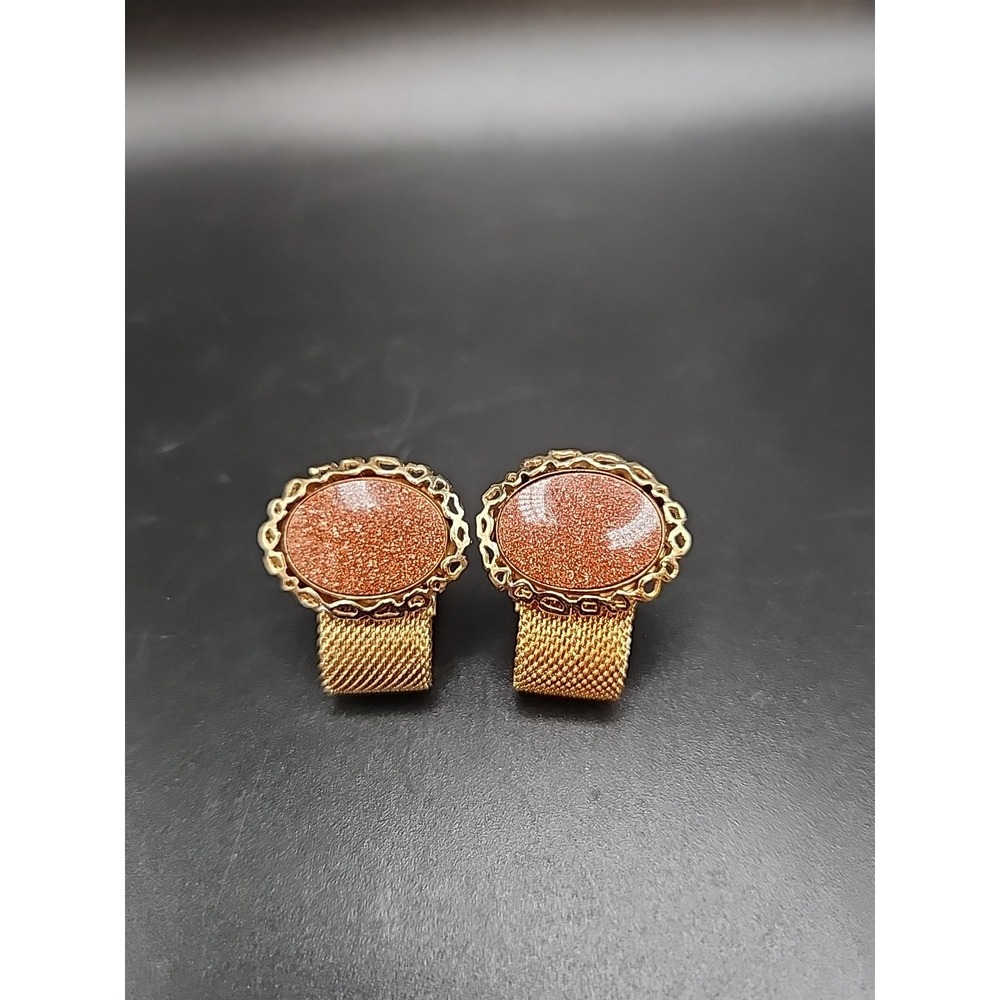 Vintage Oval Gemstone Goldstone Mesh Ornate Gold‎ Plated Wrap Around Cuff Links
